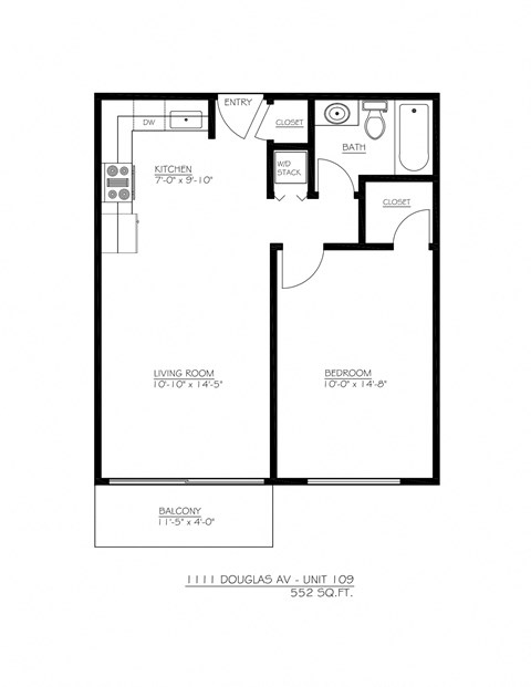 Floor plan for 1 bed, 1 bath, 667 sqft